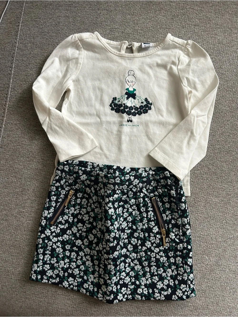 Janie and Jack Cream Top with Green and Black Floral Skirt